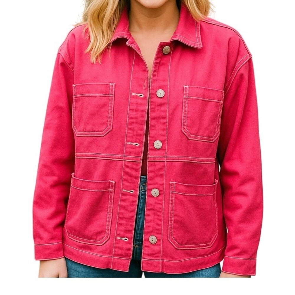 Oversized Collared Multi Pocket Raspberry Red Barn Utility Denim Jacket Size S